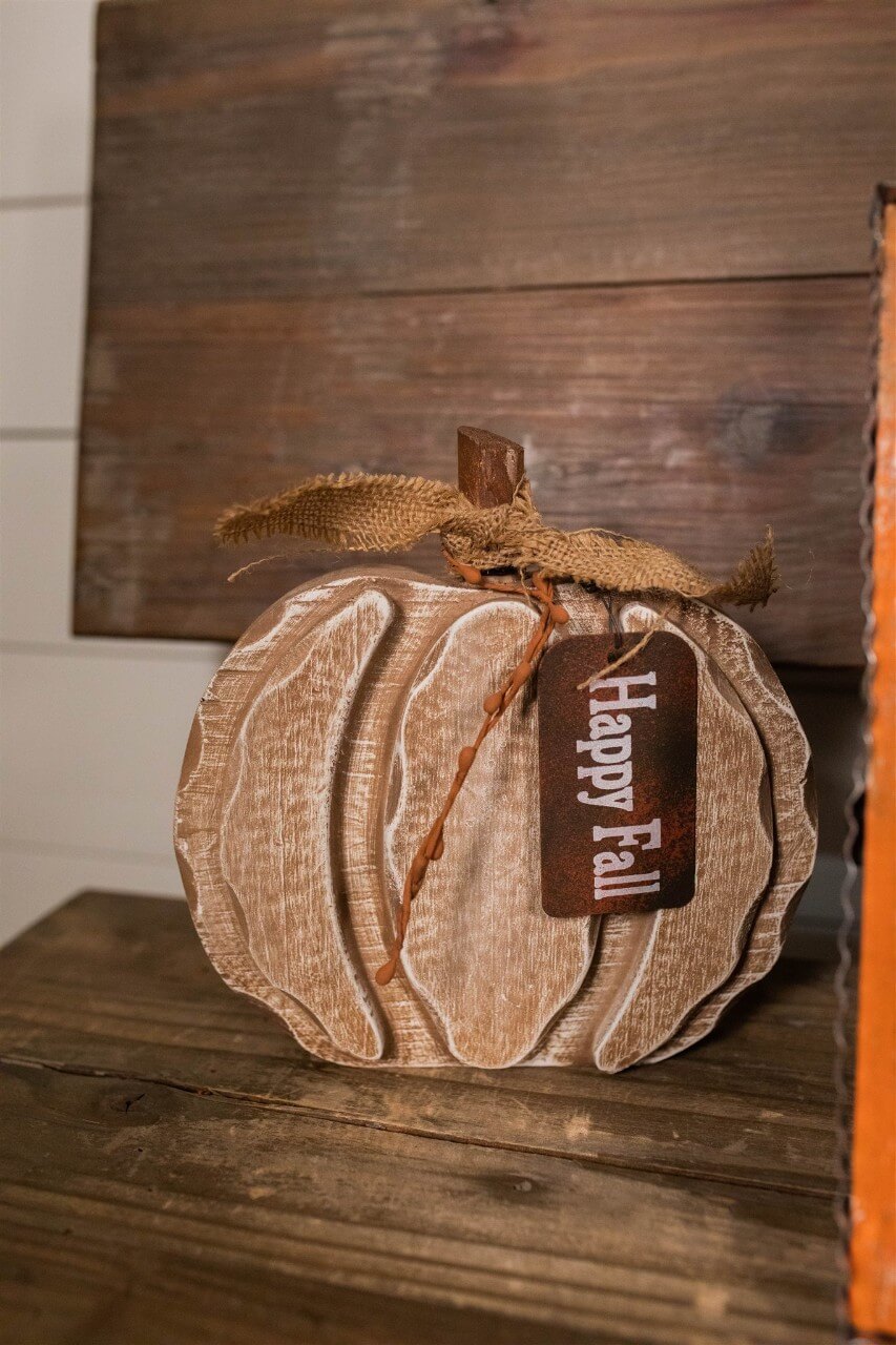 8” Wood Harvest Pumpkin with Burlap Bow and Berry Accents