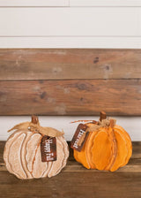 8” Wood Harvest Pumpkin with Burlap Bow and Berry Accents