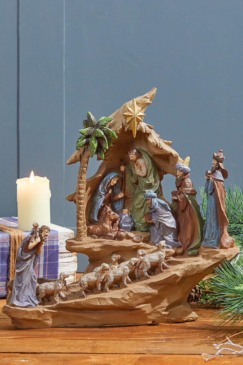 13.5" Resin Stairway Nativity with Sheep Herd