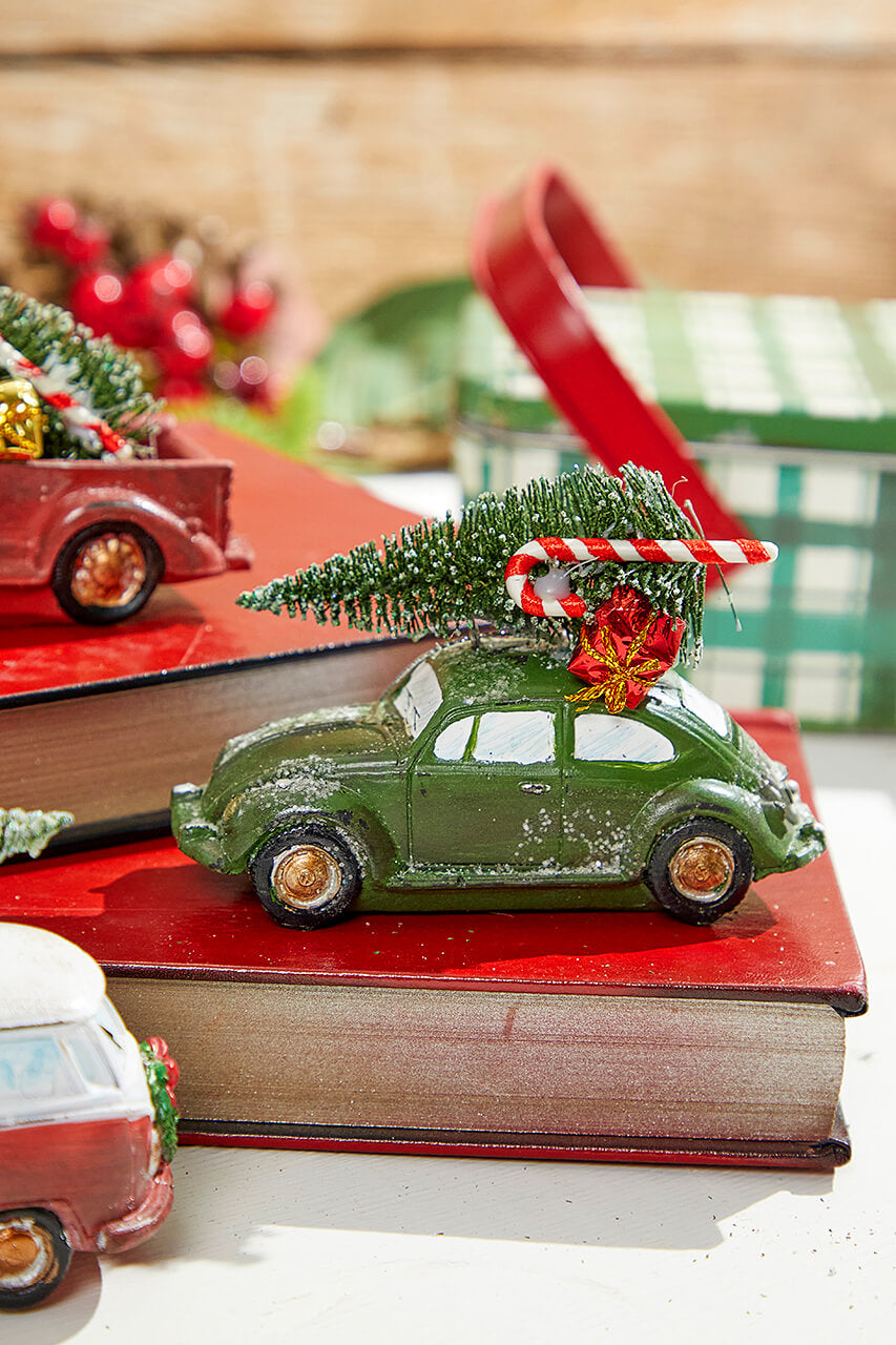 5" Green & Red Resin Retro Vehicle Ornament with Tree
