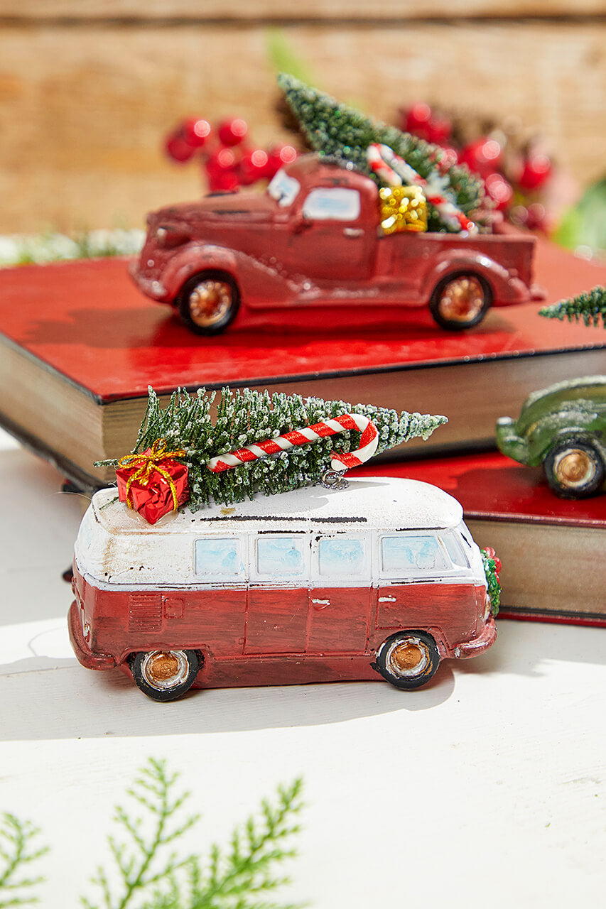 5" Green & Red Resin Retro Vehicle Ornament with Tree
