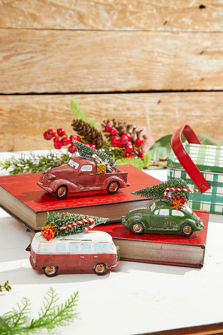 5" Green & Red Resin Retro Vehicle Ornament with Tree