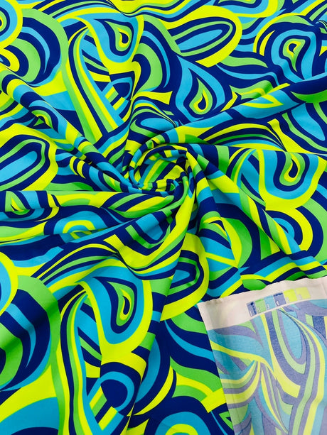 Retro Paisley Spandex Fabric - Blue/Lime Green Paisley, 58" Width (1 Yard)