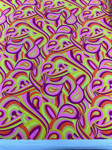 Retro Paisley Spandex Fabric - Blue/Lime Green Paisley, 58" Width (1 Yard)