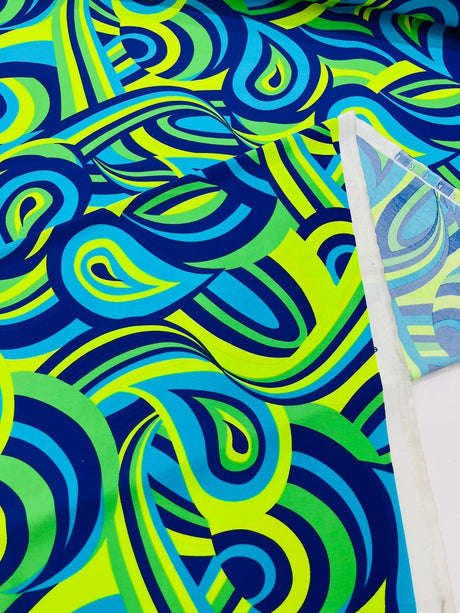 Retro Paisley Spandex Fabric - Blue/Lime Green Paisley, 58" Width (1 Yard)