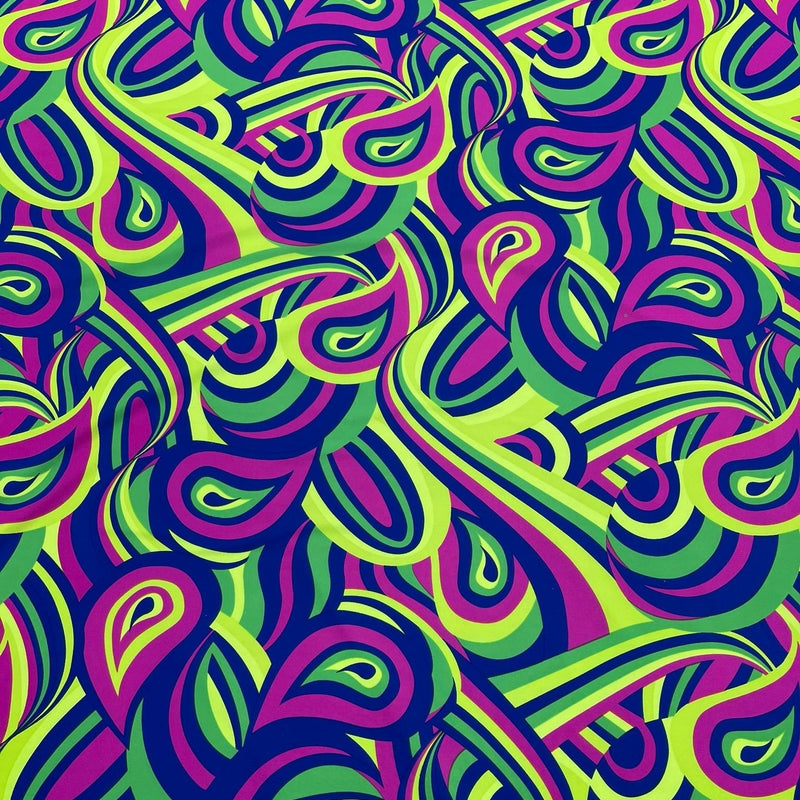 Retro Paisley Spandex Fabric - Blue/Lime Green Paisley, 58" Width (1 Yard)
