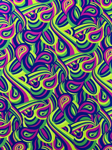 Retro Paisley Spandex Fabric - Blue/Lime Green Paisley, 58" Width (1 Yard)