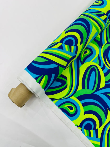 Retro Paisley Spandex Fabric - Blue/Lime Green Paisley, 58" Width (1 Yard)