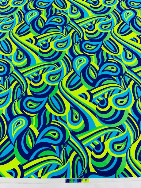 Retro Paisley Spandex Fabric - Blue/Lime Green Paisley, 58" Width (1 Yard)