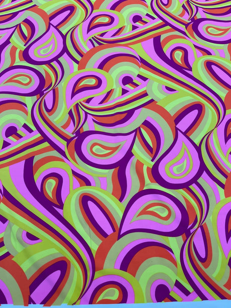 Retro Paisley Spandex Fabric - Blue/Lime Green Paisley, 58" Width (1 Yard)