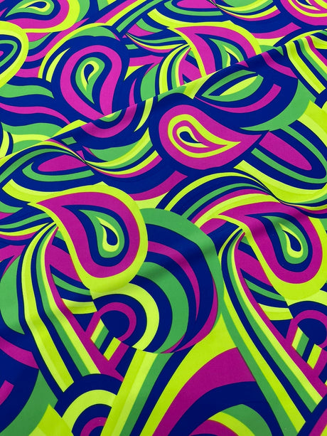 Retro Paisley Spandex Fabric - Blue/Lime Green Paisley, 58" Width (1 Yard)