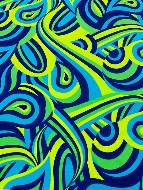 Retro Paisley Spandex Fabric - Blue/Lime Green Paisley, 58" Width (1 Yard)