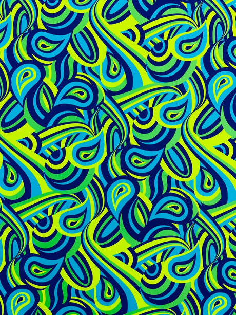 Retro Paisley Spandex Fabric - Blue/Lime Green Paisley, 58" Width (1 Yard)