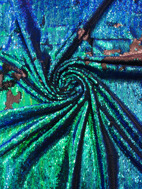 Reversible Flip Sequin Polyester Fabric - Green/Black Iridescent, 54" Width (1 Yard)