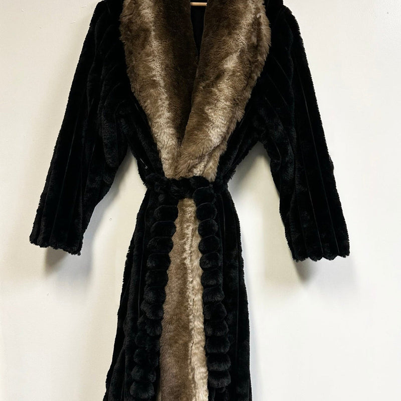 Full-Length Faux Fur Robe Coat Black Belted Plush Lounge Wear with Velvet Insert