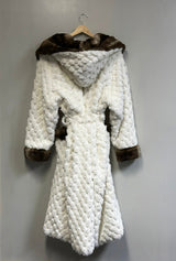 Winter Luxurious Offwhite Faux Fur Hooded Robe Plush Velvet Lined