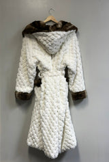 Winter Luxurious Offwhite Faux Fur Fabric - Off-White, Hooded Robe, Long Sleeve, Two Pockets (1 Piece)