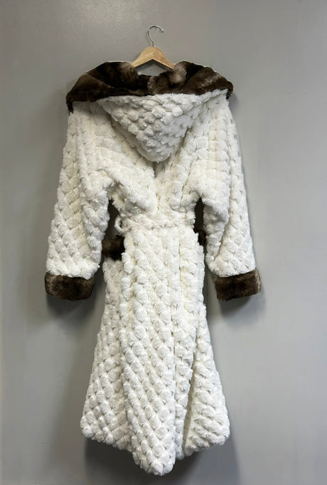 Winter Luxurious Offwhite Faux Fur Fabric - Off-White, Hooded Robe, Long Sleeve, Two Pockets (1 Piece)