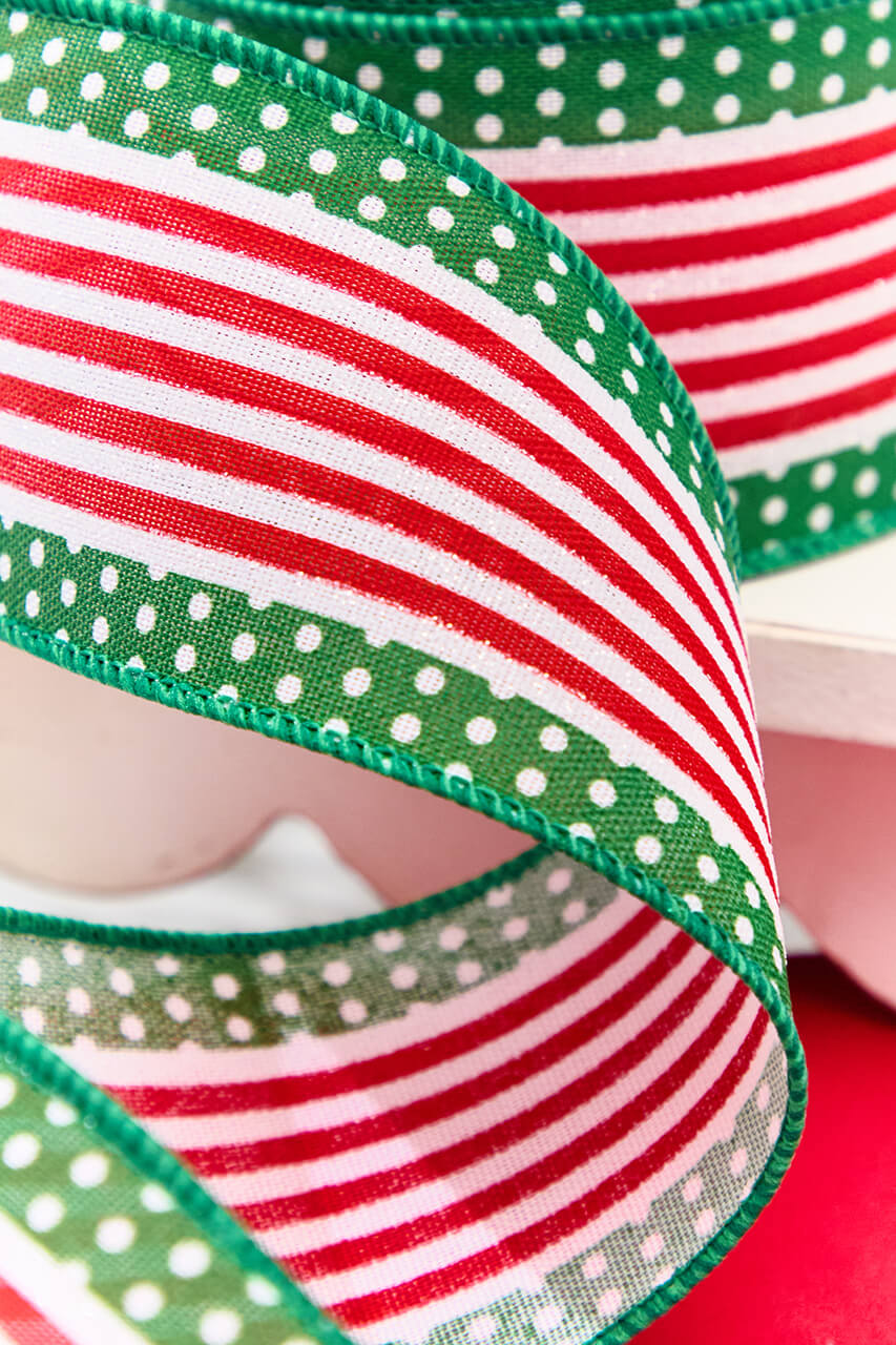 2.5" x 10 Yard Red & Green Stripes with Polka Dots Ribbon
