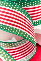 2.5" x 10 Yard Red & Green Stripes with Polka Dots Ribbon