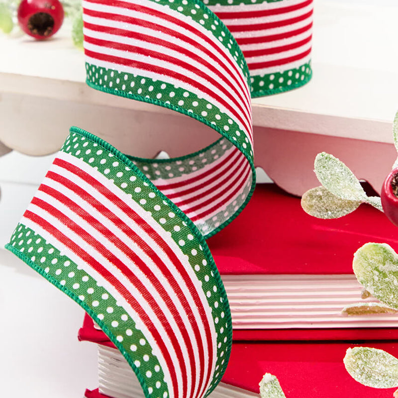 2.5" x 10 Yard Red & Green Stripes with Polka Dots Ribbon