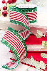 2.5" x 10 Yard Red & Green Stripes with Polka Dots Ribbon