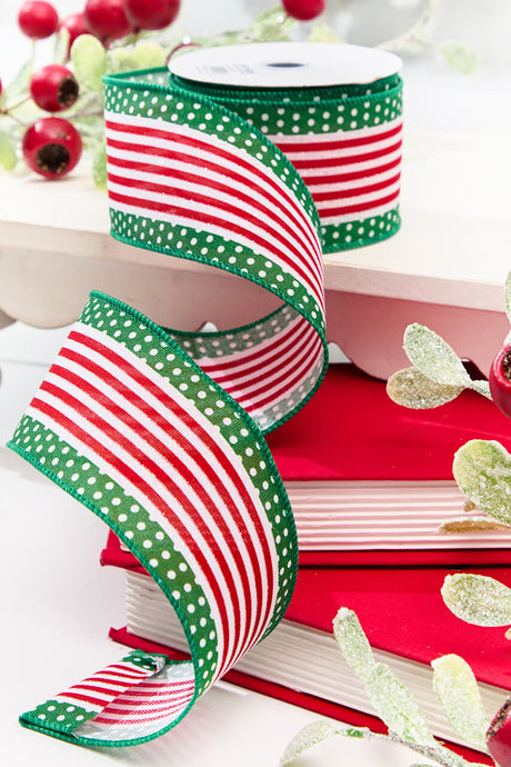 2.5" x 10 Yard Red & Green Stripes with Polka Dots Ribbon