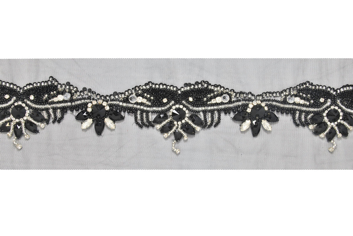 Beaded Lace Trim Black Rhinestone 3.50"