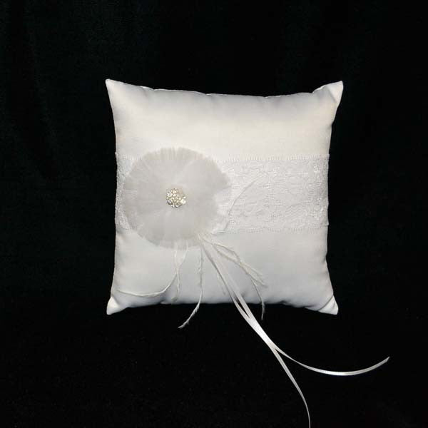 Ivory Lace Wedding Ring Pillow Rhinestone Organza Flower 8.5 Inch
