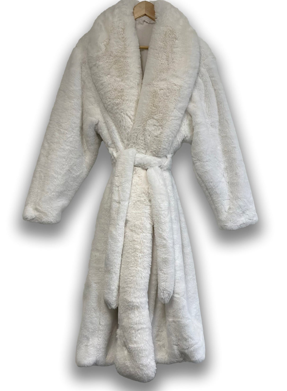 Faux Fur Luxury Long Sleeve Robe Coat - Off White, Plush Faux Fur, Long Sleeve, S/M, L/XL (1 Piece)