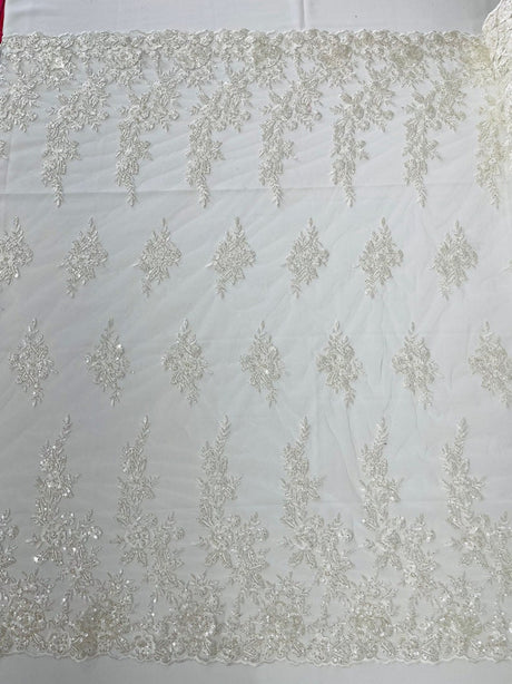 Rose Floral Beaded Lace Beaded Lace Fabric - Floral, 50" Width (1 Yard)