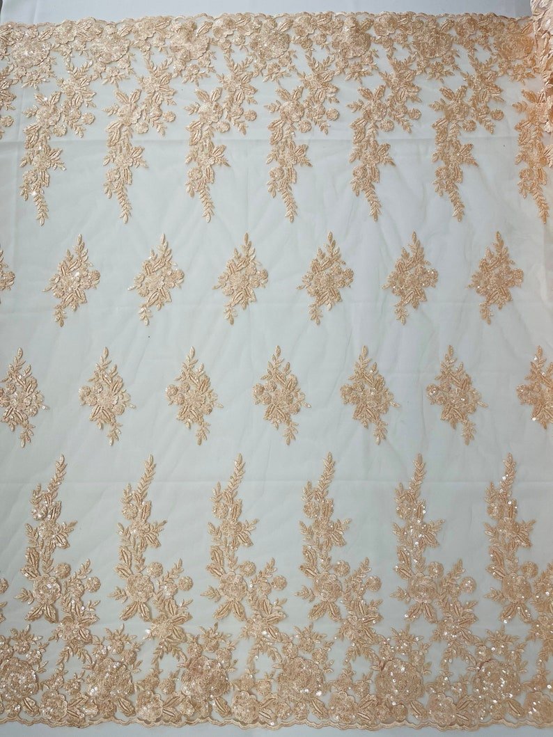 Rose Floral Beaded Lace Beaded Lace Fabric - Floral, 50" Width (1 Yard)