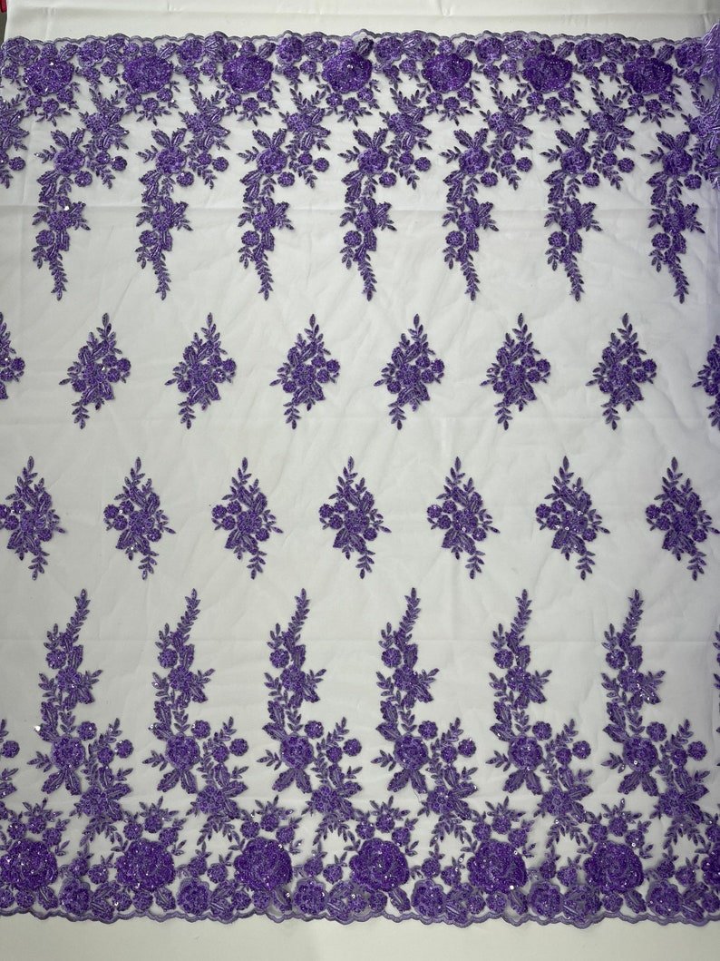 Rose Floral Beaded Lace Beaded Lace Fabric - Floral, 50" Width (1 Yard)
