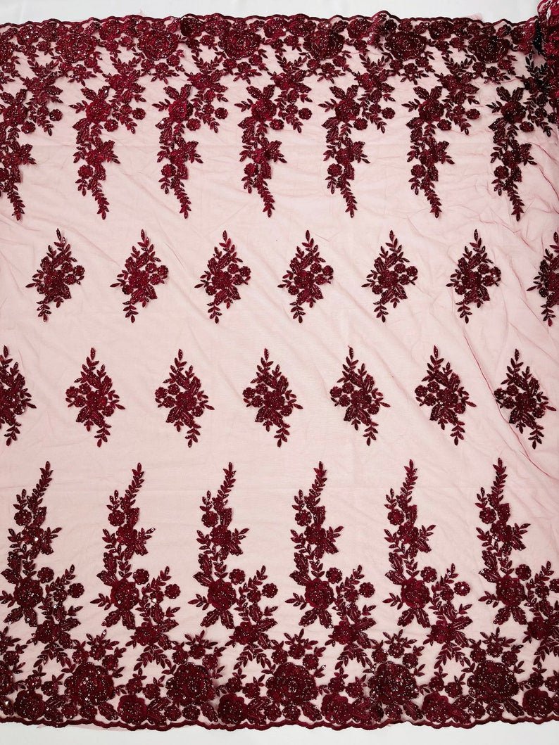 Rose Floral Beaded Lace Beaded Lace Fabric - Floral, 50" Width (1 Yard)