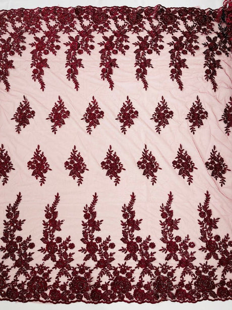 Rose Floral Beaded Lace Beaded Lace Fabric - Floral, 50" Width (1 Yard)