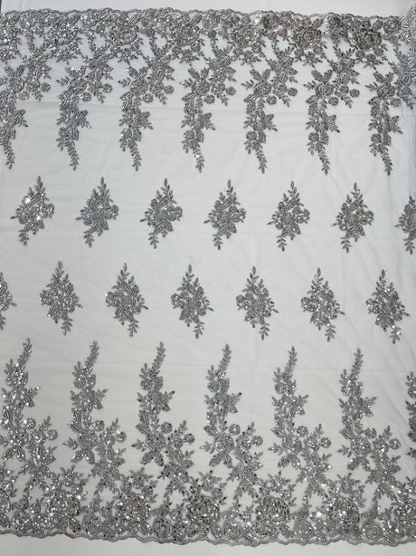 Rose Floral Beaded Lace Beaded Lace Fabric - Floral, 50" Width (1 Yard)