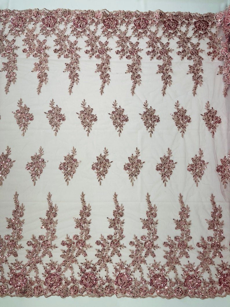 Rose Floral Beaded Lace Beaded Lace Fabric - Floral, 50" Width (1 Yard)