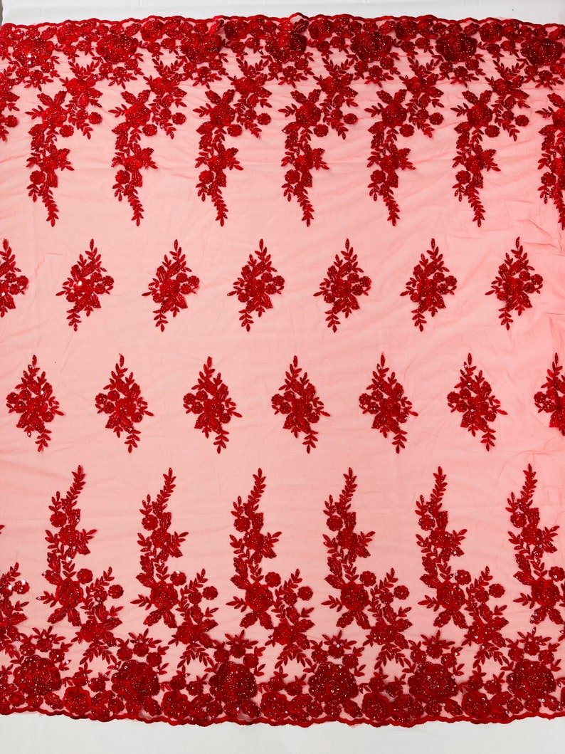 Rose Floral Beaded Lace Beaded Lace Fabric - Floral, 50" Width (1 Yard)