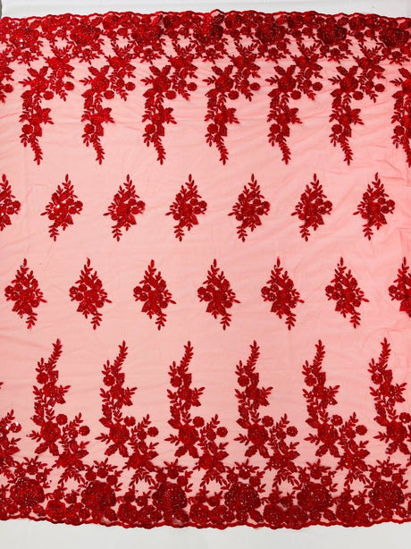 Rose Floral Beaded Lace Beaded Lace Fabric - Floral, 50" Width (1 Yard)