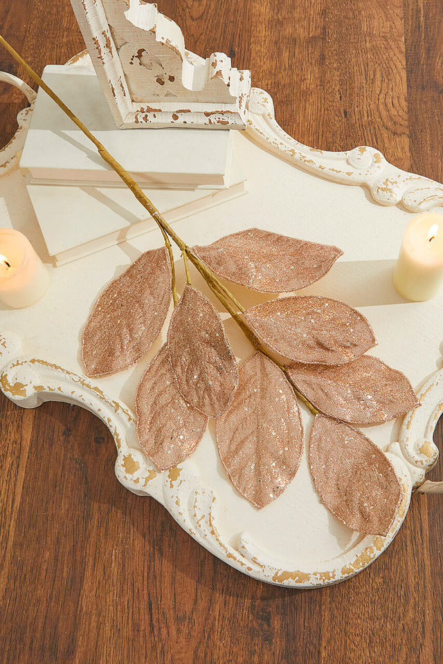 28" Rose Gold Micro Beaded Sequins Magnolia Leaf Spray