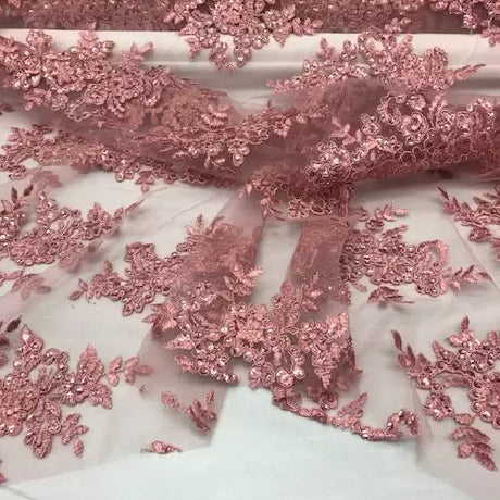 Rose Gold Sequin Lace Fabric - Embroidered Mesh, Rose Gold, 1 Yard