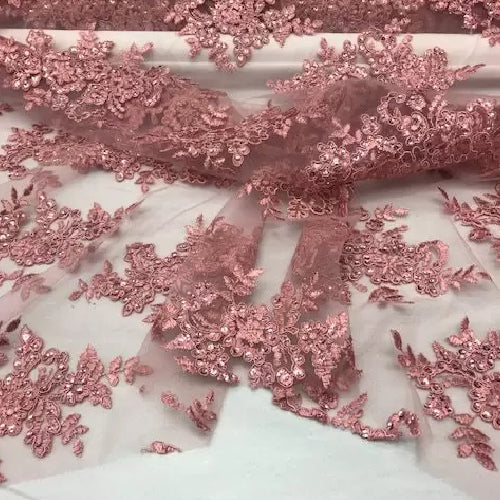 Rose Gold Sequin Lace Fabric - Embroidered Mesh, Rose Gold, 1 Yard