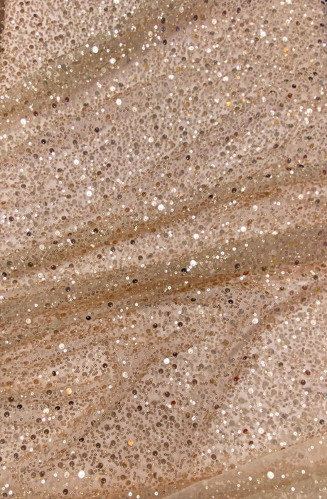 BPS Mesh Lace Rose Gold Polyester Fabric - Rose Gold Beads, Pearls, Sequins, 60" Width, 54" Design Width (1 Yard)