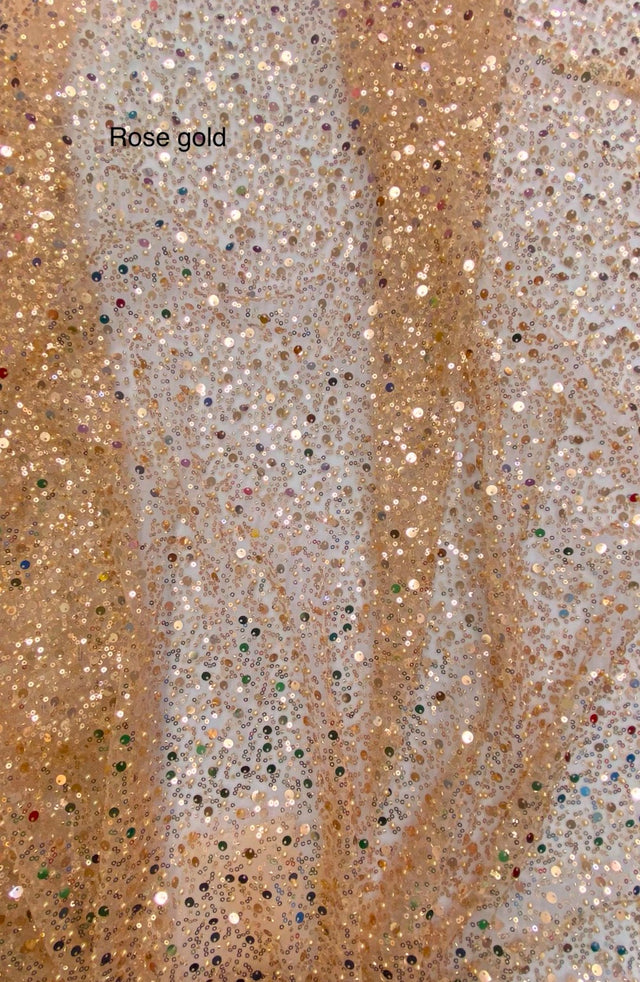 BPS Mesh Lace Rose Gold Polyester Fabric - Rose Gold Beads, Pearls, Sequins, 60" Width, 54" Design Width (1 Yard)