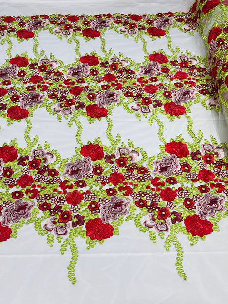 Roses Multi Color Floral Design Embroidered Mesh Lace Fabric - Multi Color Floral Pattern, 50" Width, 36" Length (1 Yard)
