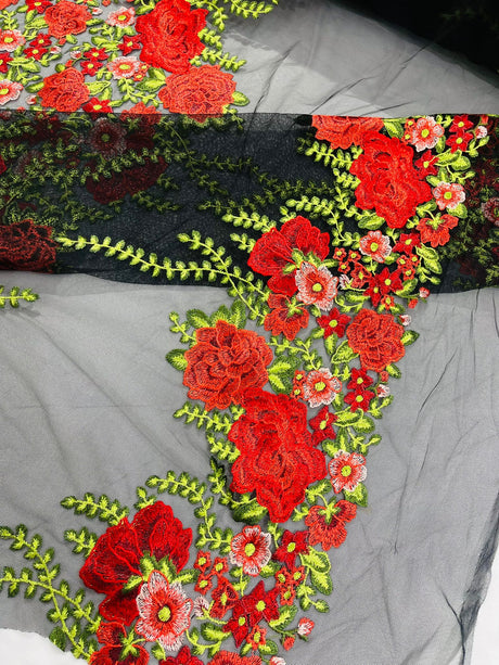 Roses Multi Color Floral Design Embroidered Mesh Lace Fabric - Multi Color Floral Pattern, 50" Width, 36" Length (1 Yard)