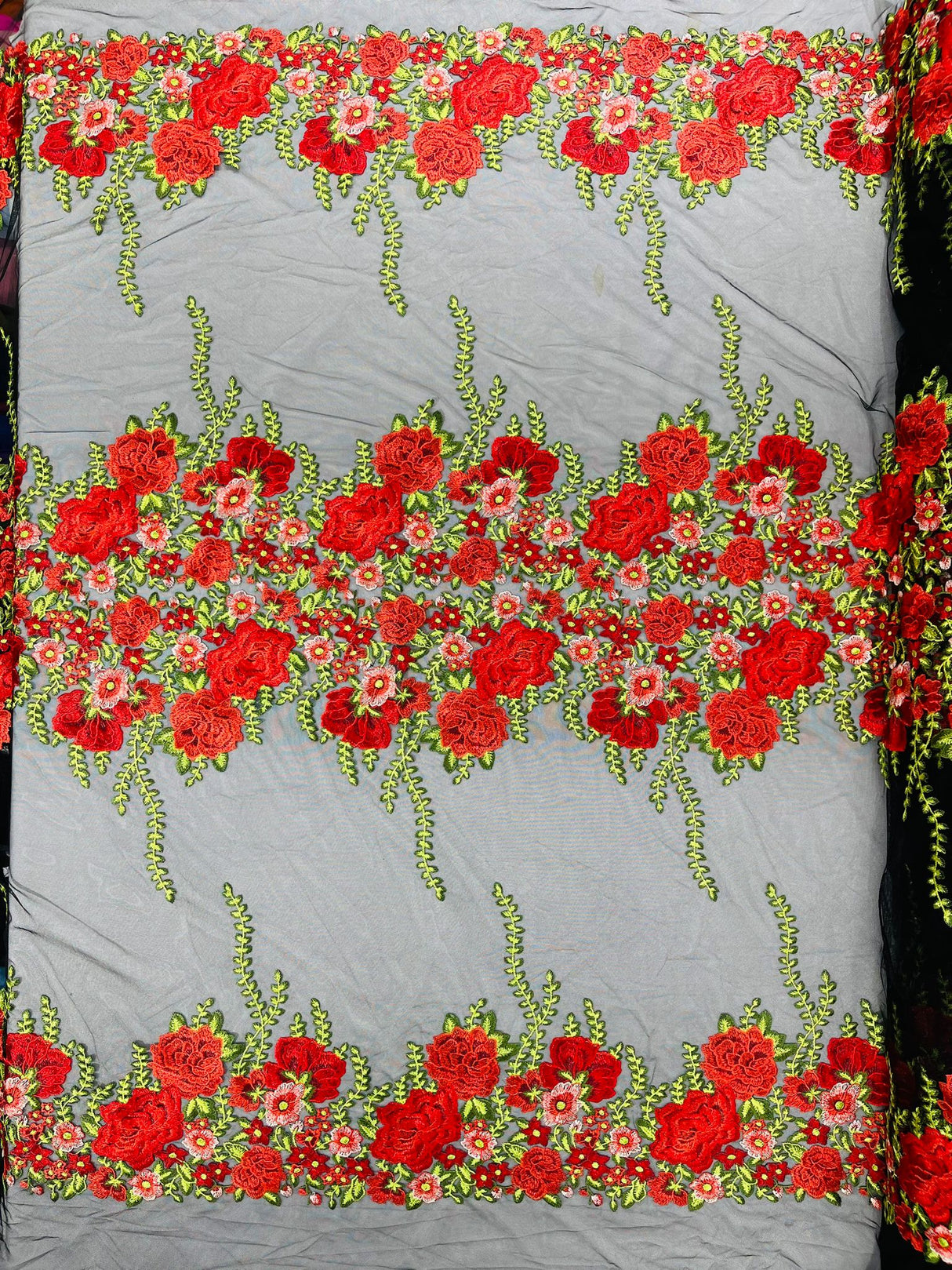 Roses Multi Color Floral Design Embroidered Mesh Lace Fabric - Multi Color Floral Pattern, 50" Width, 36" Length (1 Yard)