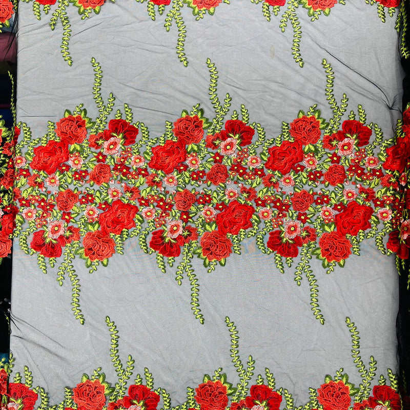 Roses Multi Color Floral Design Embroidered Mesh Lace Fabric - Multi Color Floral Pattern, 50" Width, 36" Length (1 Yard)