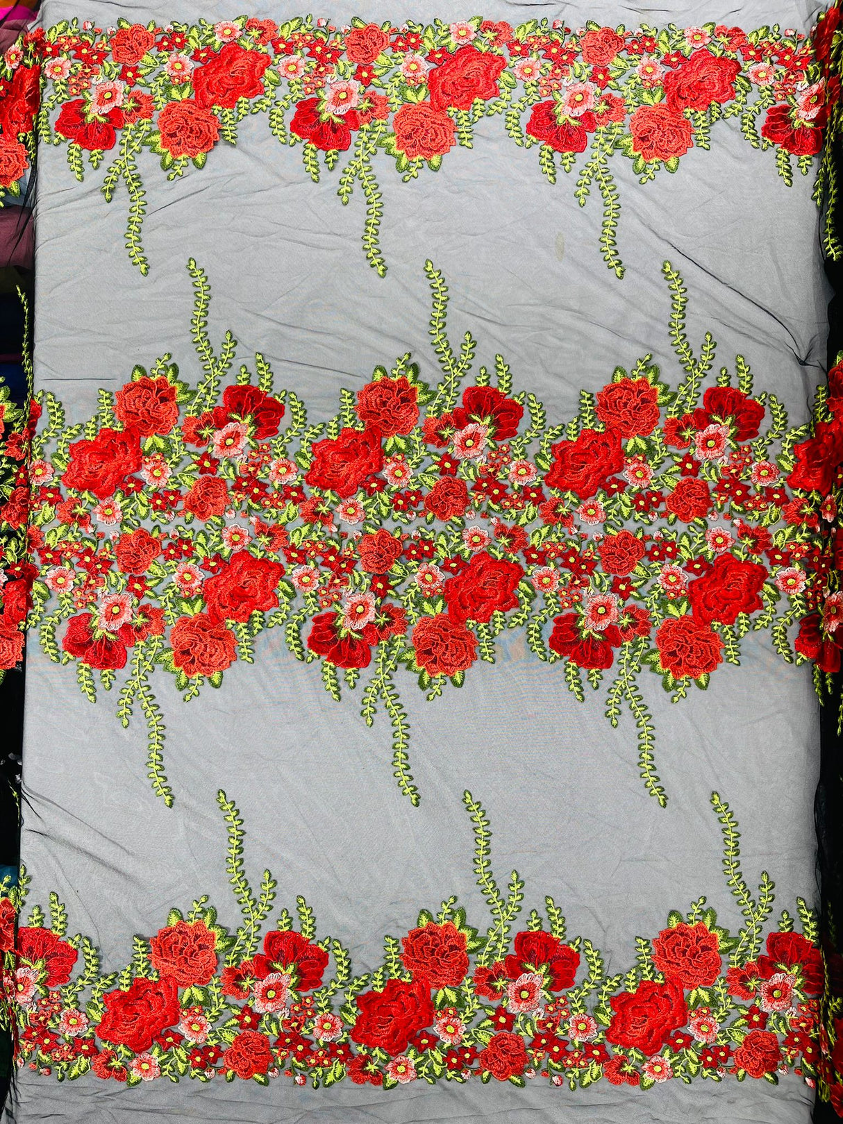 Roses Multi Color Floral Design Embroidered Mesh Lace Fabric - Multi Color Floral Pattern, 50" Width, 36" Length (1 Yard)