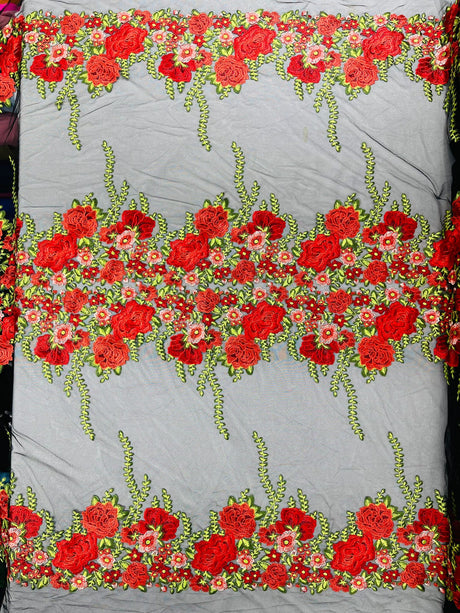 Roses Multi Color Floral Design Embroidered Mesh Lace Fabric - Multi Color Floral Pattern, 50" Width, 36" Length (1 Yard)